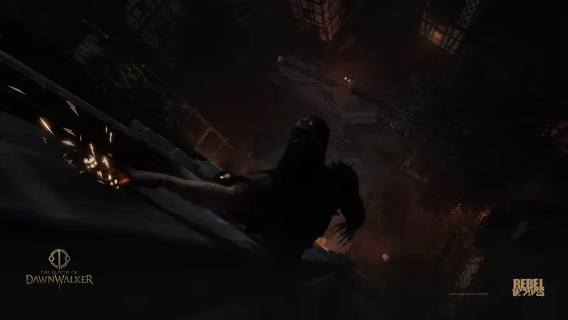 A vampire crawls along a rooftop at night above burning streets — the kind of encounter that punishes mistimed defense on higher tiers