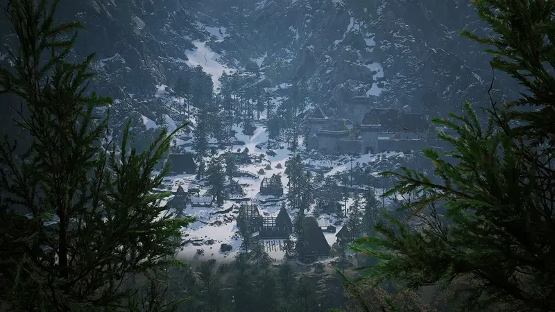 Snow settles over a valley clearing ringed by peaks — the Vale's winter-light vistas are a navigation landmark in their own right