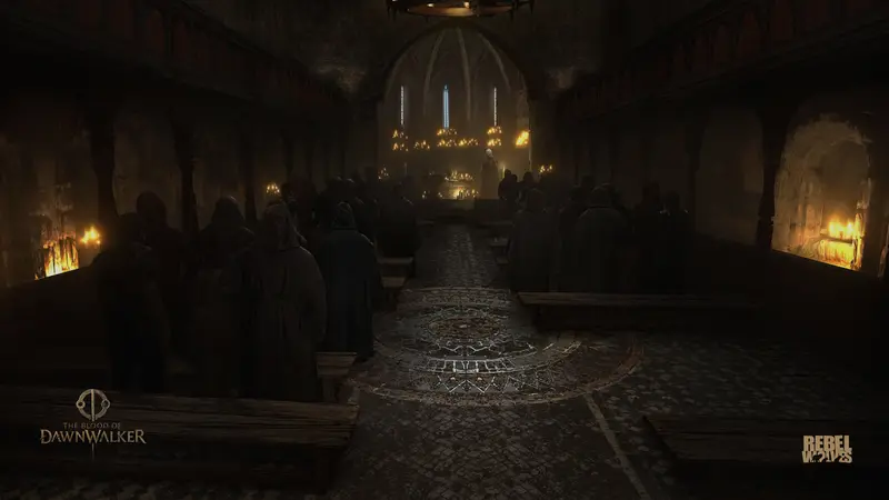 Candlelight in a vaulted nave — interiors like this one are where shadow quality and lighting settings cost the most frames