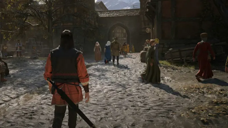 A sunlit street in a Vale Sangora village, with townsfolk going about the day
